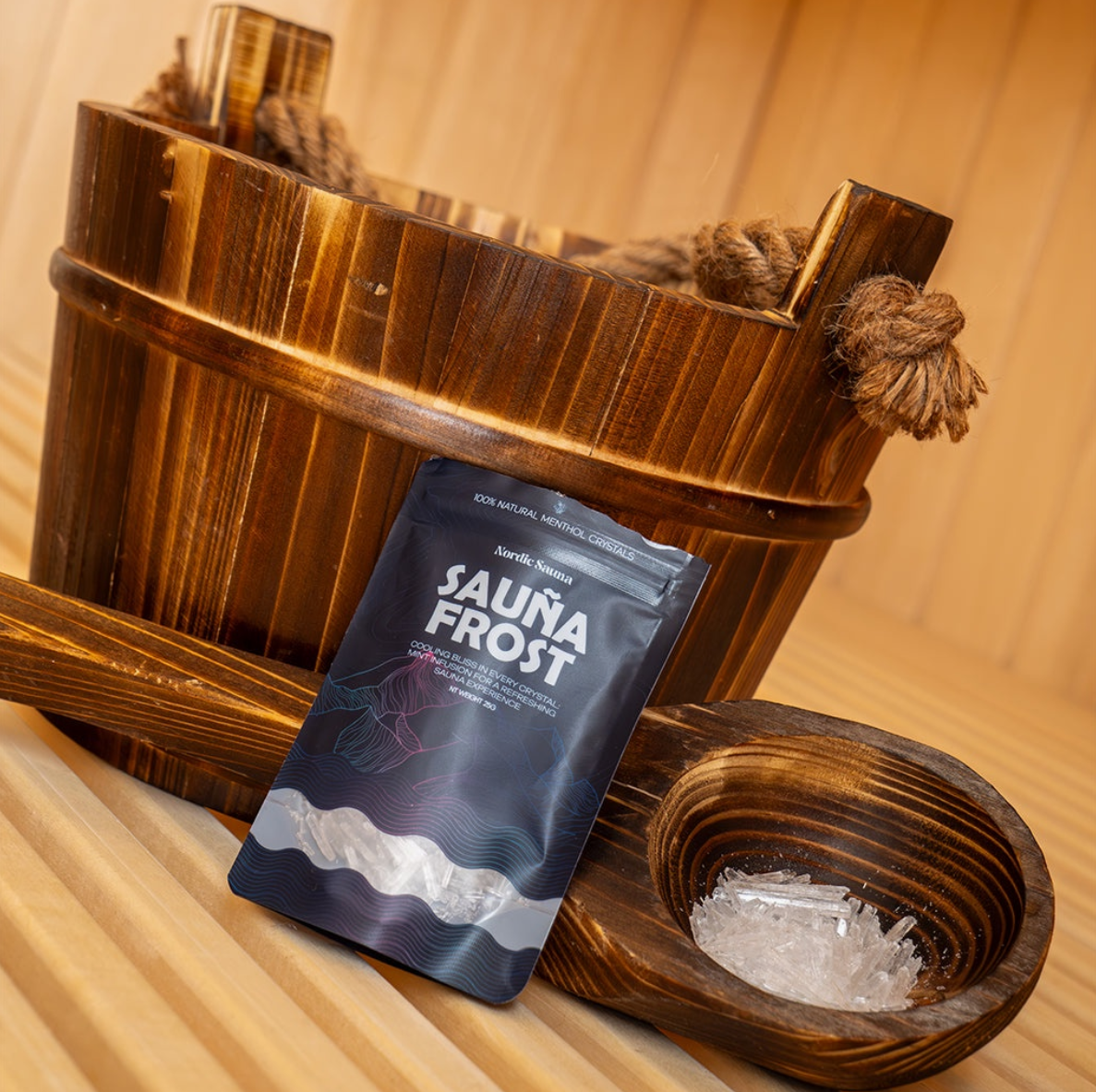 Sauna Frost mentholkrystaller med saunaspand og ske
